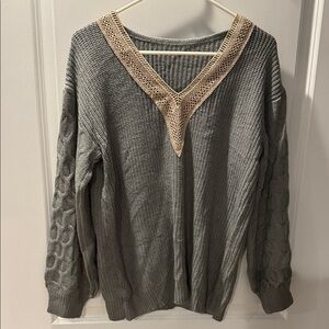 Elegant Gray V-Neck Sweater with Cream Accents